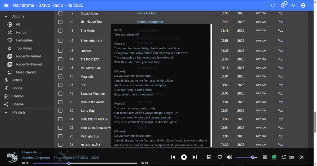 Navidrome - Zeigt neu USLT UNSYNCHED eingebettete Lyrics für den aktuell gespielten Songs beim Klick auf das Lyrics-Icon an.